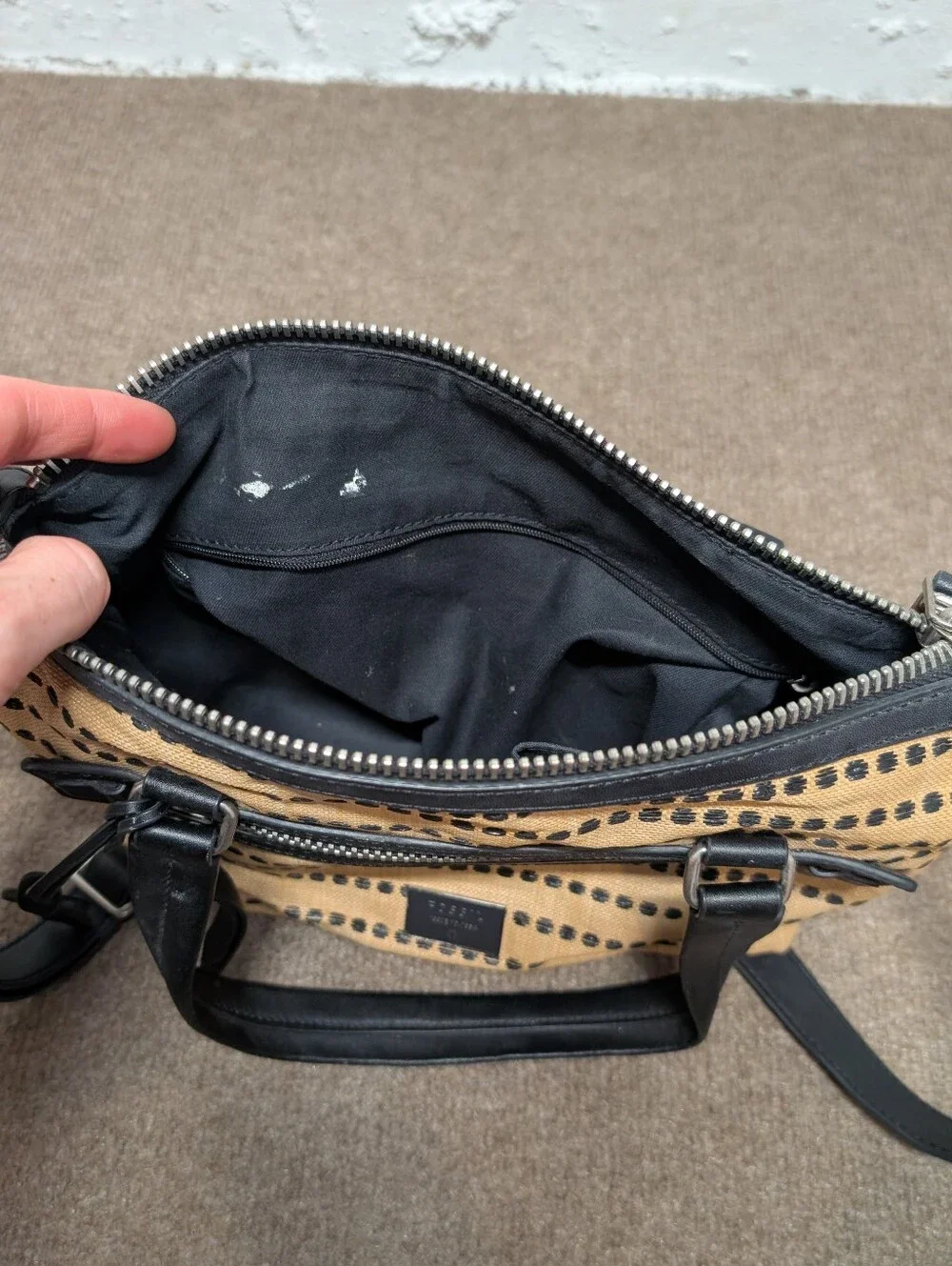 FOSSIL Women's Dawson Satchel Textile Black & Tan Polka Dot Purse Bag